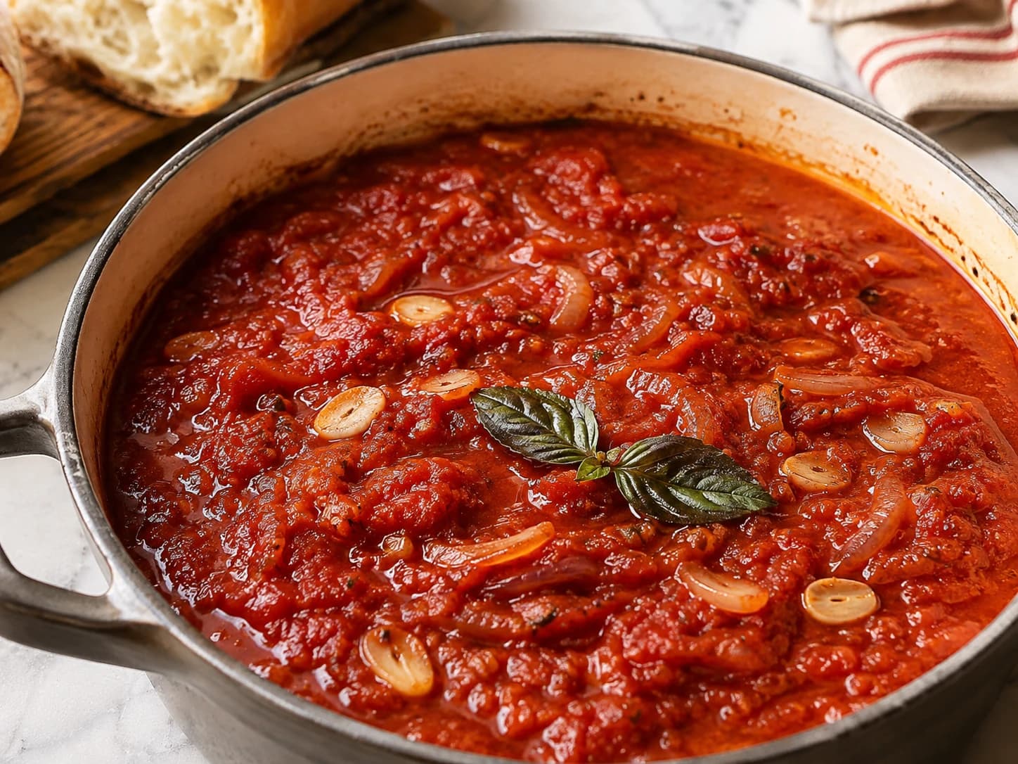 Elaine's Sunday gravy simmering in a pan with sliced garlic and basil