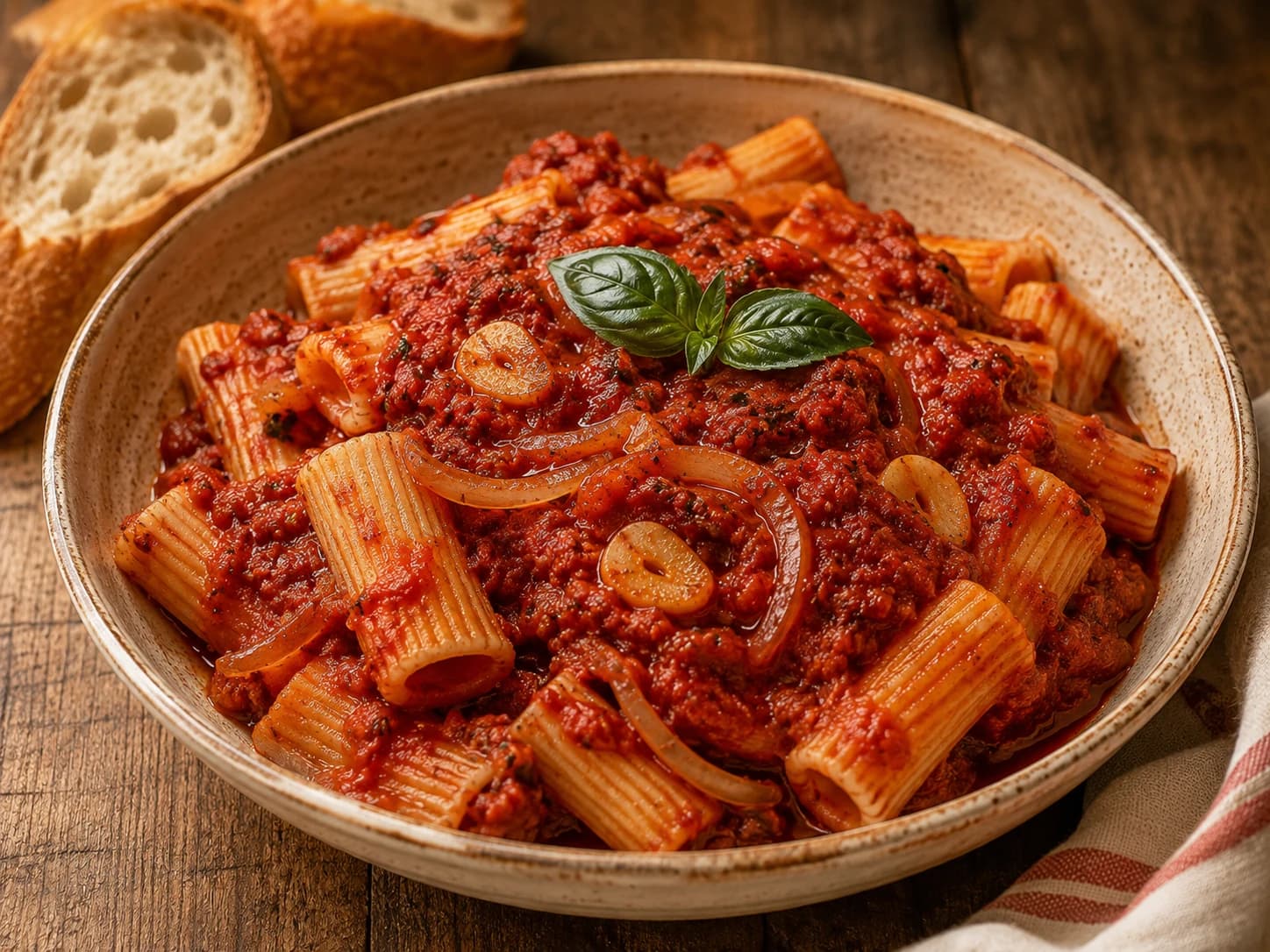 Rigatoni served with Elaine's Sunday gravy, garlic, onion, and basil