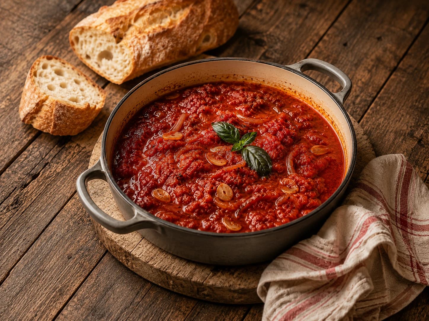 Elaine's Sunday gravy in a wide pot beside rustic bread on a wooden table