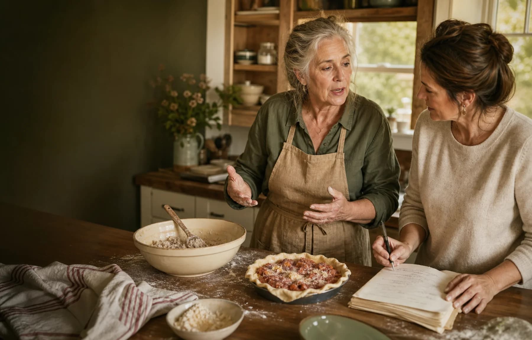 Family members preparing food together in a warm home kitchen